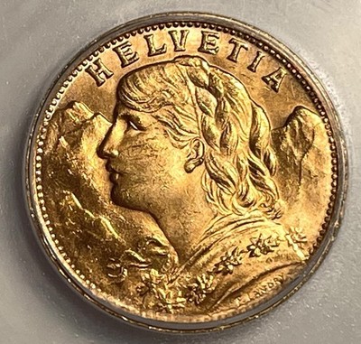 1947B Switzerland 20 Francs Gold Coin ICG BU Brilliant