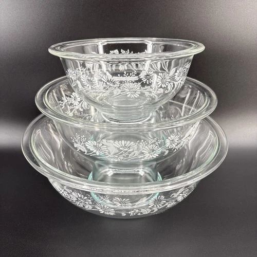 Pyrex Clear Colonial Mist White Lace Nesting Mixing Bowl Set 322 323 325 MCM