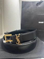 YSL Saint Laurent Black Leather Belt Size 95 with Golden Buckle YSL Logo