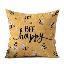 Bee Happy Square Decorative Throw Pillow Covers Cute Positive Decorative Cush...