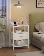 Set of 2 White Bedside Tables With Charging Station And Fabric Drawer