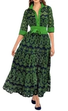 Gretchen Scott M Eyelet Contrast Maxi Dress Belted Green Navy Lined Cotton