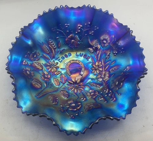 KILLER VINTAGE CARNIVAL ELECTRIC BLUE  NORTHWOOD GOOD LUCK RUFFLED BOWL “COLOR”
