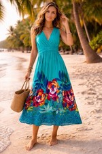 Apt 9. Jersey Teal Floral Weave Waist Stretchy Maxi Dress Women size XL Beach