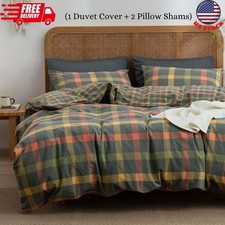 Plaid Duvet Cover Set Queen Washed Cotton Reversible Bedding