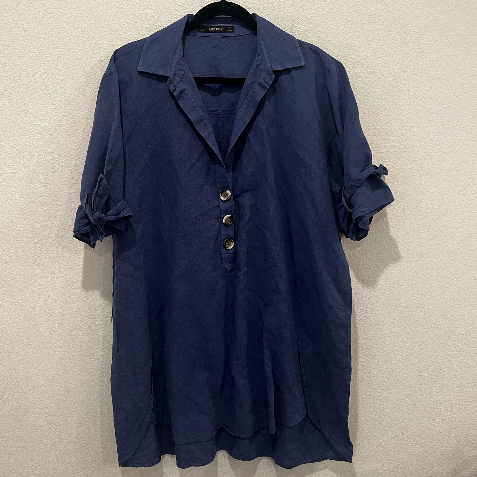 zara basic blue linen blend tunic mini dress Sz X… - image 2