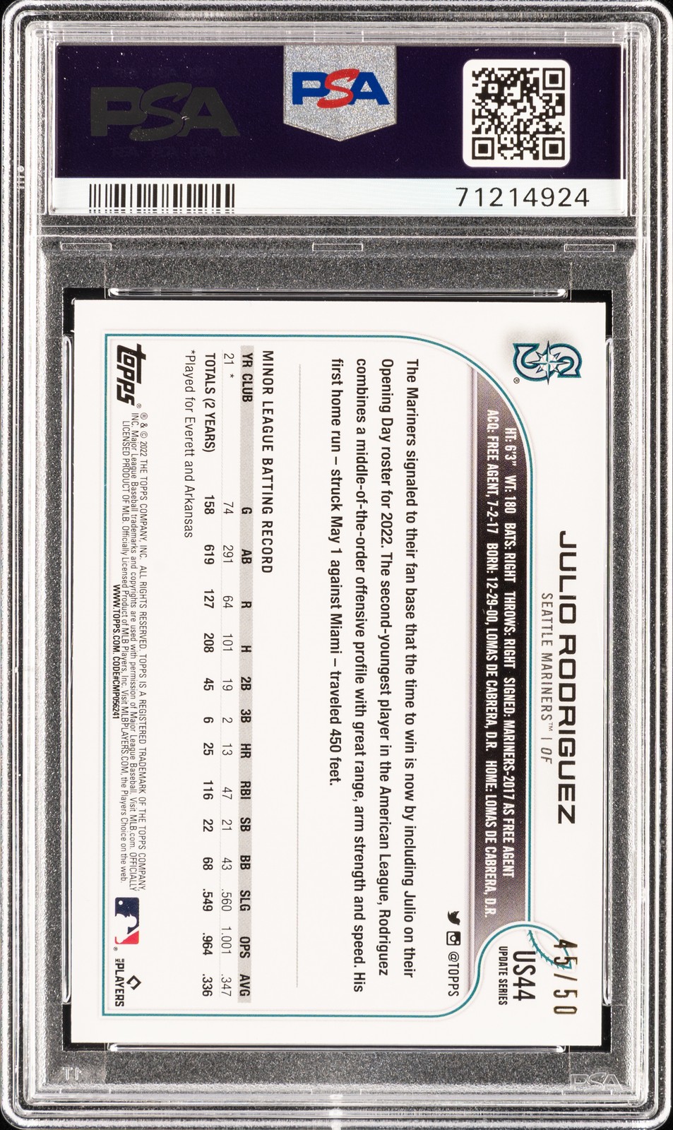 2022 TOPPS UPDATE FATHER'S DAY POWDER BLUE JULIO RODRIGUEZ ROOKIE RC 45/50 PSA 9 view 2