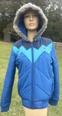 Medium Unisex DC Apparel Division Blue Puffer Zip up Jacket With Fur Trim Hood 
