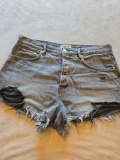 Free People Curvy Dark Grey/Black High-Waisted Button Fly Cutoff Shorts 30