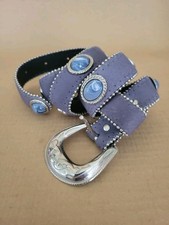 Vintage Denim Blue Leather Western Belt Silver Cabachon Rodeo  USA Sz SM