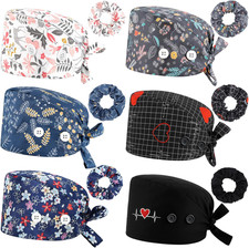 6 Pcs Scrub Caps Women Men, Hats with Buttons and Adjustable Tie for Home Kitche