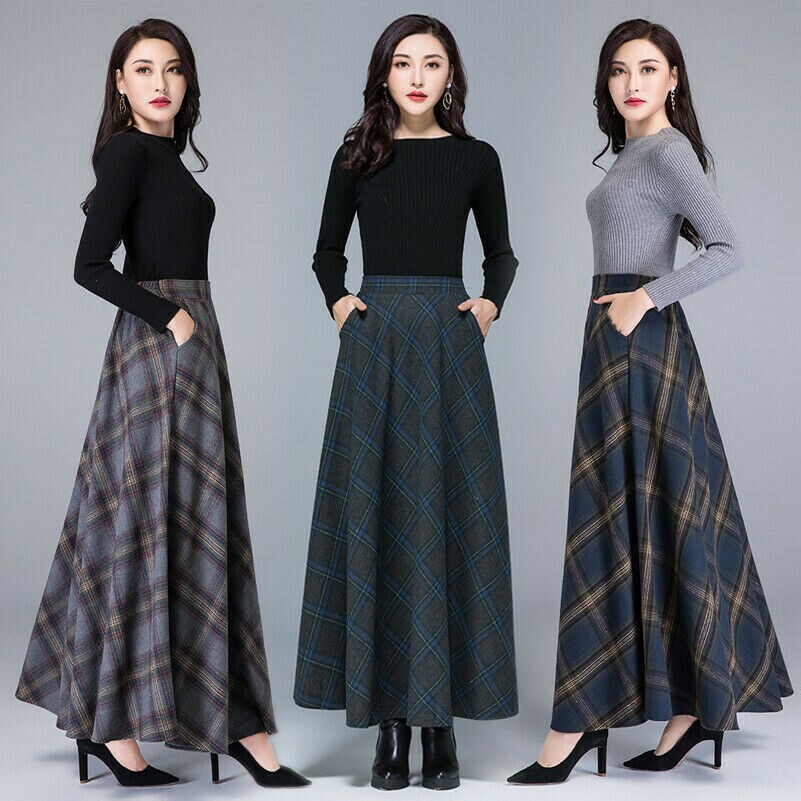 Ladies Check Faux Wool Skirts Tartan A-line Pleated Long