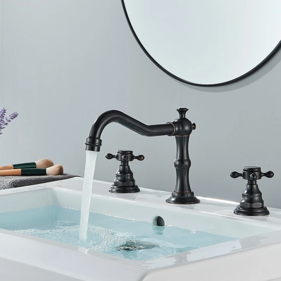 Oil Rubbed Bronze Bathroom Faucet 3 Hole Sink Vanity Mixer Faucet Tap with Drain - Image 2 of 4