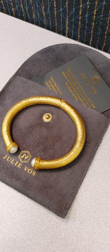 Julie Vos Hammered 24k Gold Plated Hinged Cuff Bangle Bracelet Pearl NWOT