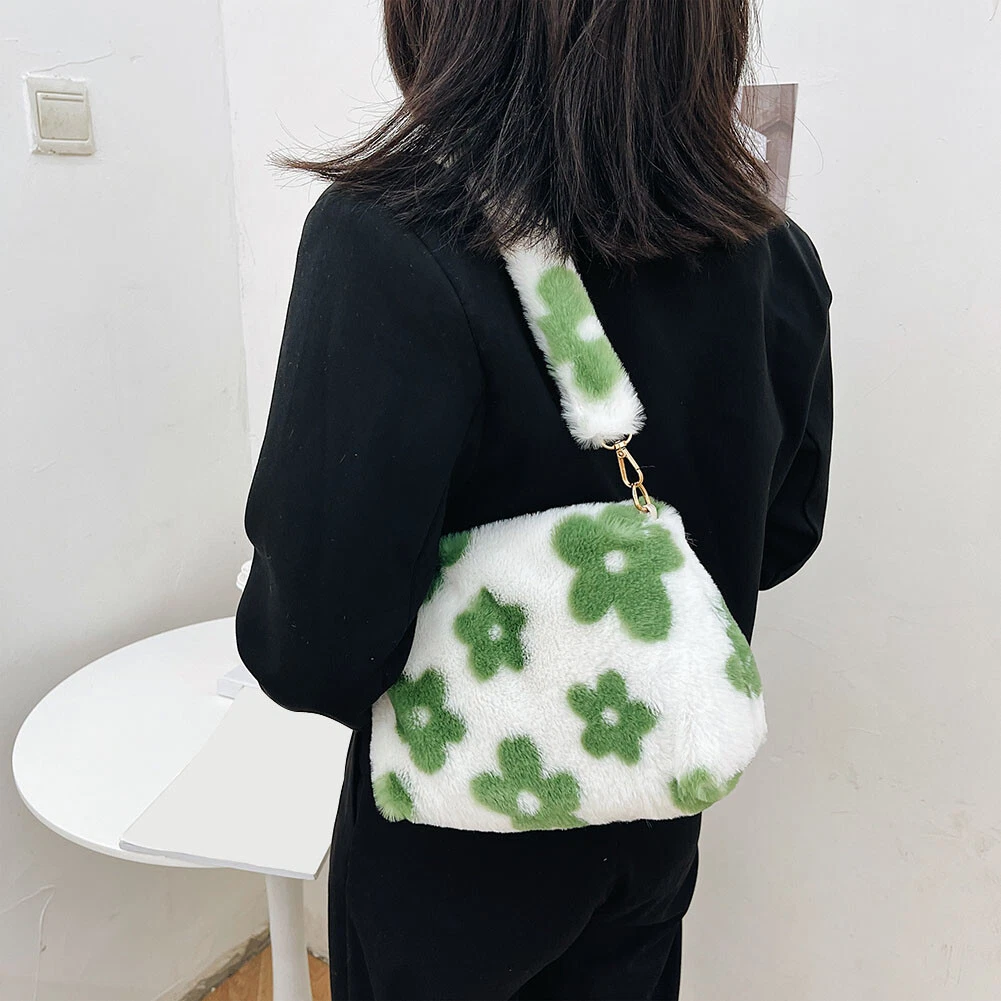 Women Plush Fur Flower Shoulder Bag Autumn Lady Small Handbag