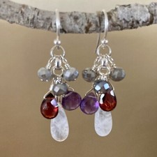 U C Sundance Garnet, Moonstone, Amethyst Labradorite Cluster 925 Silver Earrings