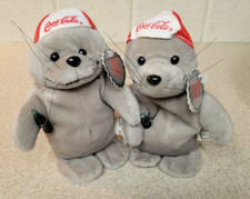 2-Vintage Coca Cola 1997 Bean Bag Plush Seal in Christmas Red Santa Hat - 8"