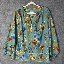 CJ Banks Top Women's 1X Green Multi Color Floral Popover Blouse Long Sleeve