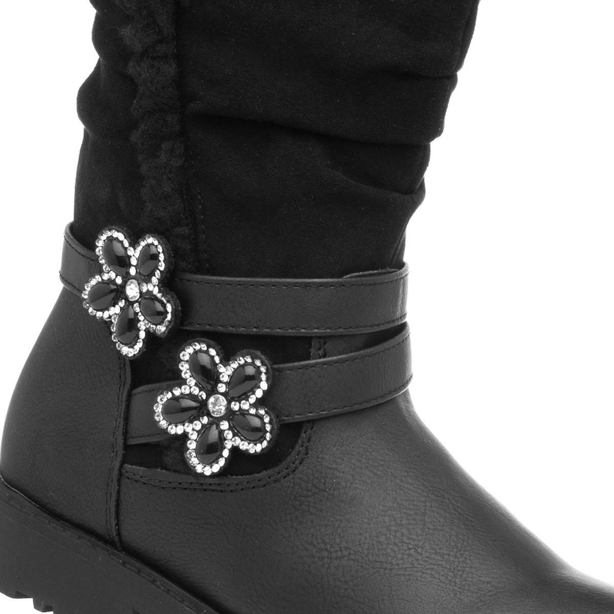 Walkright Girls Boots Black Zip Up Floral Diamante Calf Boot Shoe Zone