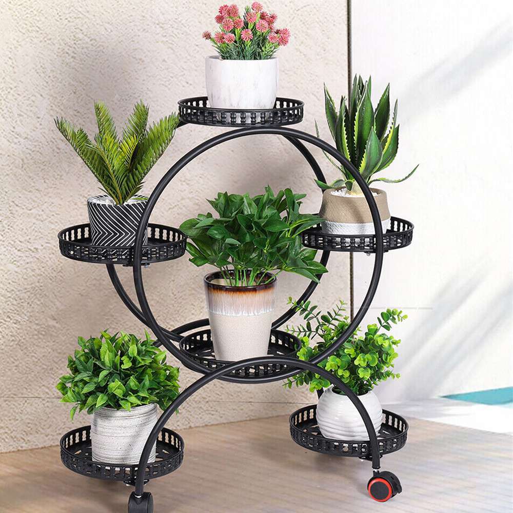 6 Pots Flower Shelf Holder Plant Stand Circle 4Layer Free Moving Rack