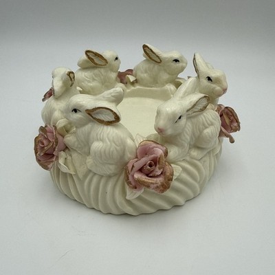 Vintage Candleholder Rabbits Bunnies In A Circle Pink Gold Roses Easter