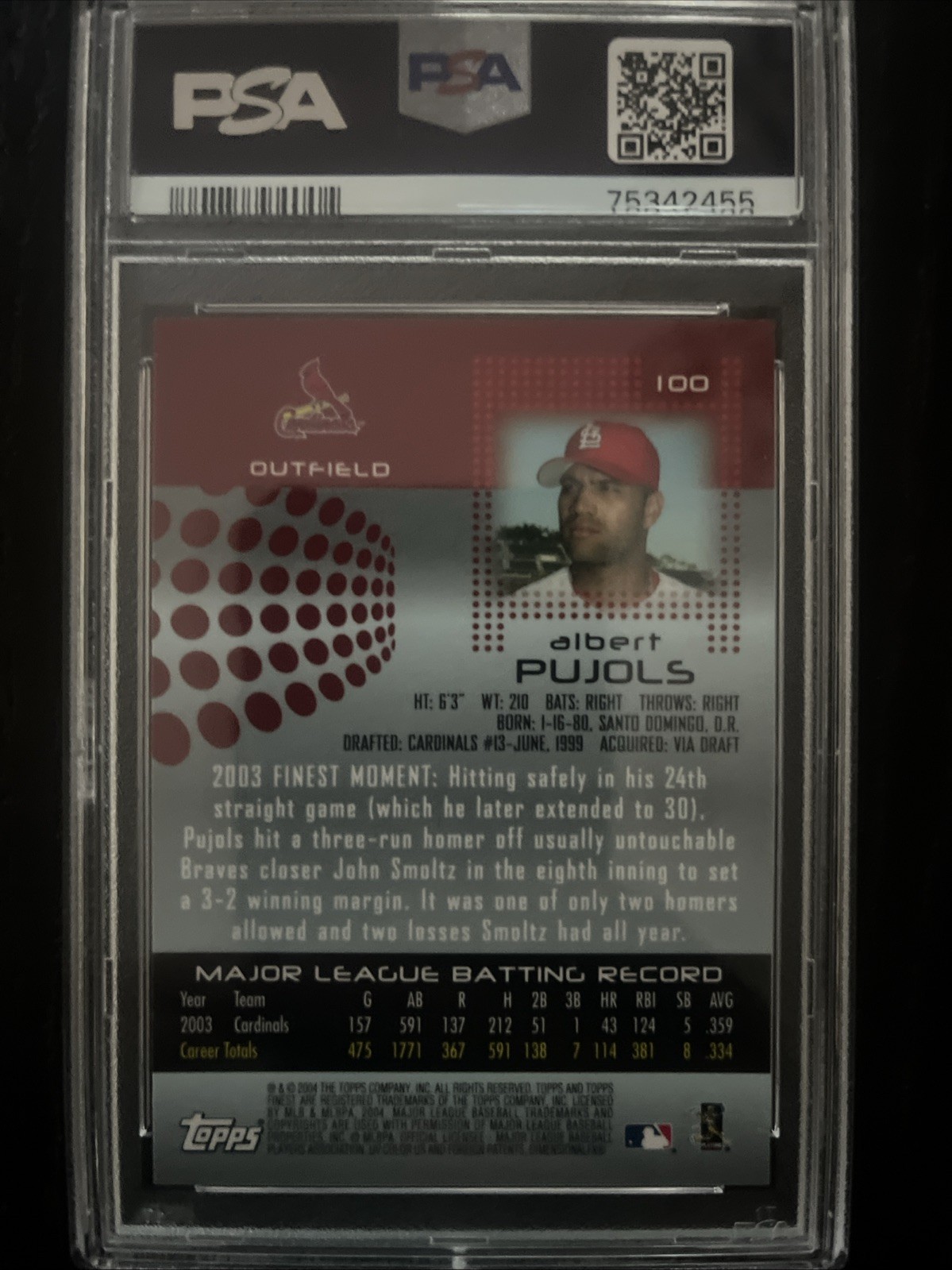 2004 Topps Finest Albert Pujols #100 PSA 10 POP 44 *TOUGH* view 2
