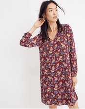 Madewell Antique Flora Dress Sz S  Wine Red Floral Long Sleeve Mini Button-Back