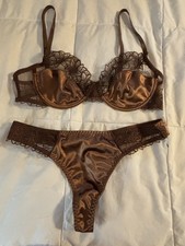 VTG Beautiful Bronze satin Bra And Panties Set Size L