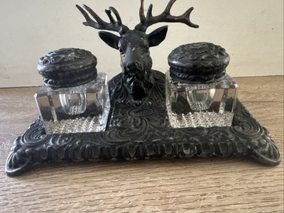 Antique 1900s Stag Deer Double InkWell