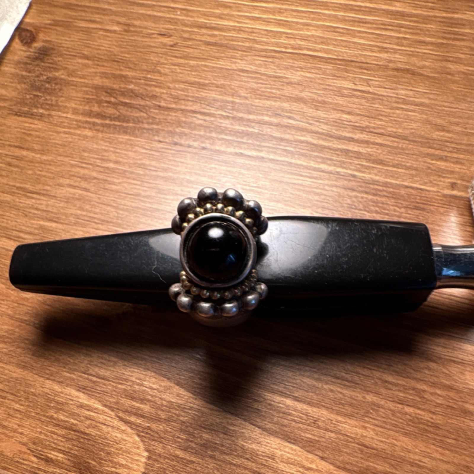 Silver Tone Statement Ring Size 8 Round Black Sto… - image 3