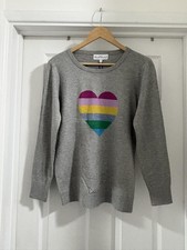 New Women's Mudflower Grey Rainbow Heart Jumper size S Knitted Sweater 8-10