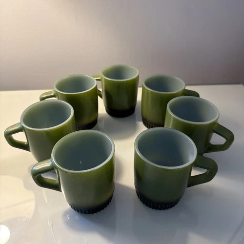 Vintage Fire King Anchor Hocking Stacking Mugs x7 In Avocado Green w/Black Base