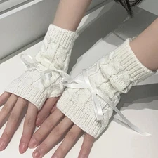 Sweet and Lovely Bow Tie Tied Sleeve Sleeves Half Finger Gloves for Winter Warmt