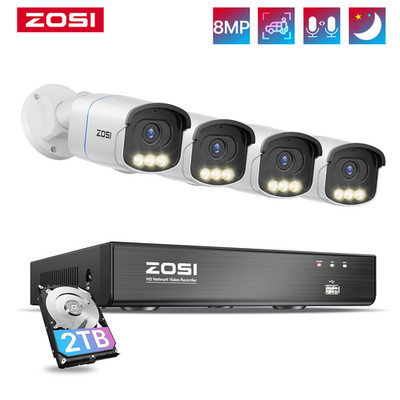 ZOSI 4K POE Überwachungskamera Set Außen 8CH 2TB NVR 4X 8MP POE IP Kameras Audio