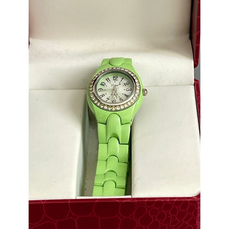 Vivani Bright Green with Silver Rhinestone Face Link Watch  - Image 3 of 4