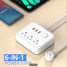 6in1 Power Strip Surge Protector Wall Extender 3 AC Outlets 3 USB Ports 4ft Cord
