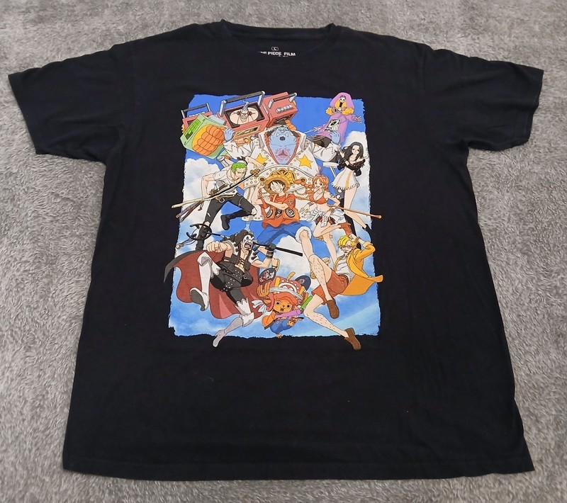 One Piece Film Red Shirt Large Black Anime Movie Luffy Straw Hat Crew Tee Cotton