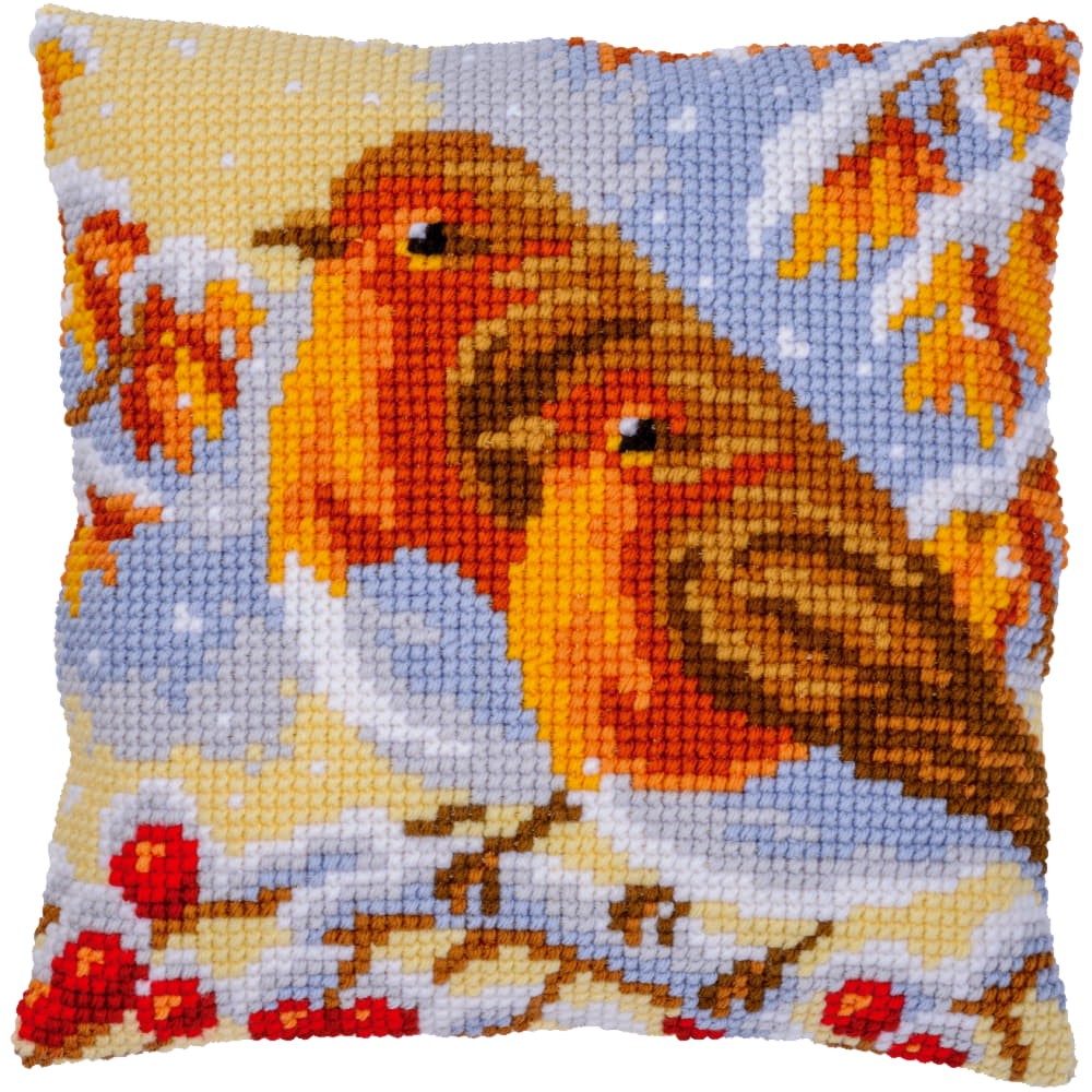 Vervaco stamped cross stitch kit cushion ""Robins"", 40x40cm