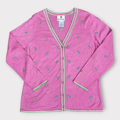 Quaker Factory Pink Grasshopper Embroidered V-Neck Button Cardigan Sweater M