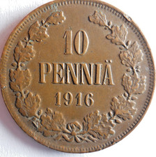 1916 FINLAND 10 PENNI - HIGH VALUE - Excellent Rare Type Coin - Lot #A11
