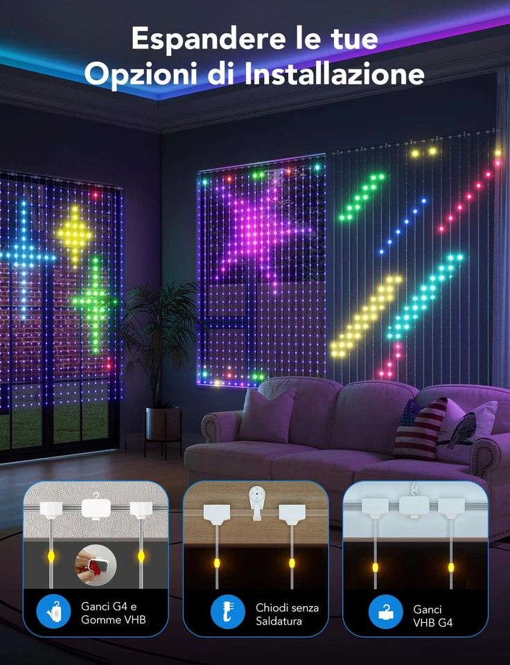 Govee Curtain Lights 520 LEDs RGBIC Luci per Tende LED WiFi Intelligenti all - Immagine 4 di 4