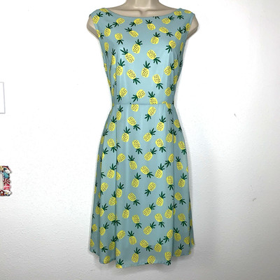 LA SOUL Baby Blue & Yellow PINEAPPLE Tie Back DRESS Pockets Cottagecore Spring