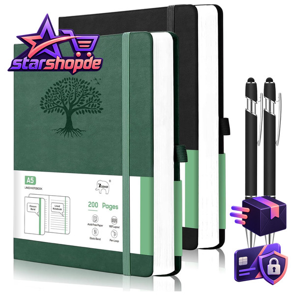 Notizbuch A5 Liniert 200 Seiten Hardcover PU Leder 100Gsm 2 StüCk-image