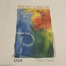 Vintage 90s Breast Cancer Awareness Art Mail Stamp T-Shirt Size Mens Large L