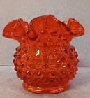 Vintage Fenton Amberina Orange Hobnail Ruffled Rim Small 3" Vase