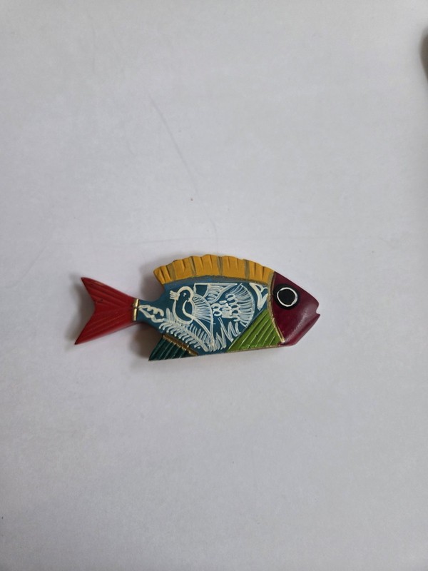 Oaxaca Hand Painted Wood Fish With Painted Bird , Mexican Folk Art , 4 1/2 In.