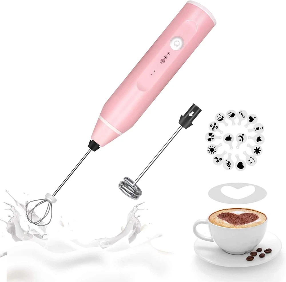 Milk Frother Handheld,  Rechargeable Whisk Drink Mixer for Coffee with Art Stenc