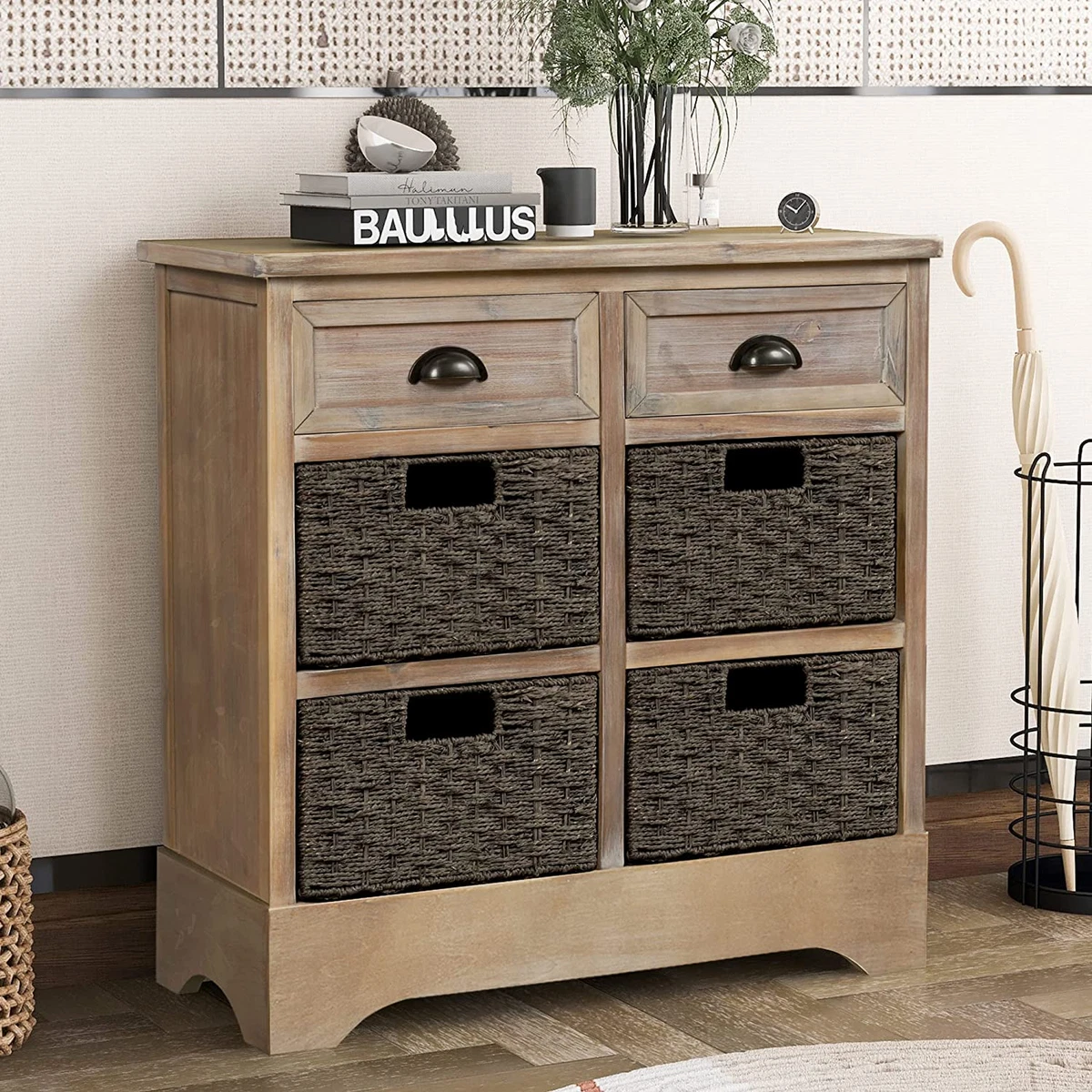 Storage Cabinet Storage Unit with 2 Wood Drawers and 4 Wicker