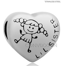 Stainless Steel European Charm Bead Lil Sister Daughter Little Girl Stamped