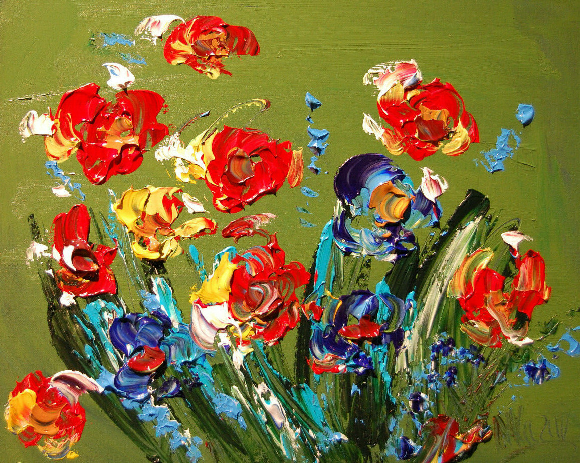FLORAL ART MARK KAZAV - ORIGINAL OIL PAINTING ABSTRACT MODERN ART RED BLUE 44DFB